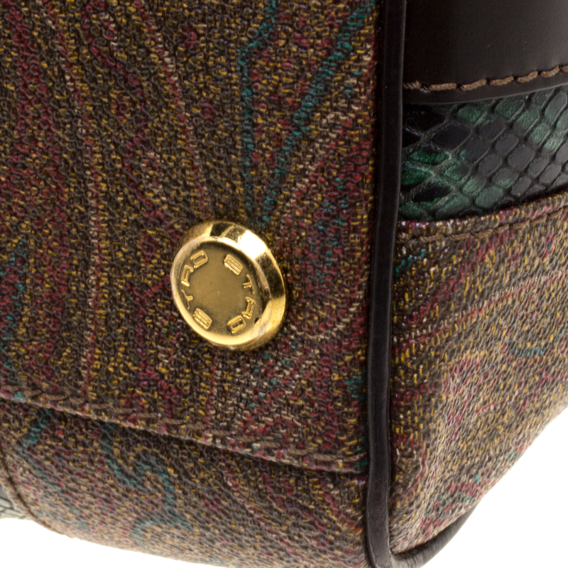 Etro Green Paisley Print And Python Embossed Leather Bowling Bag