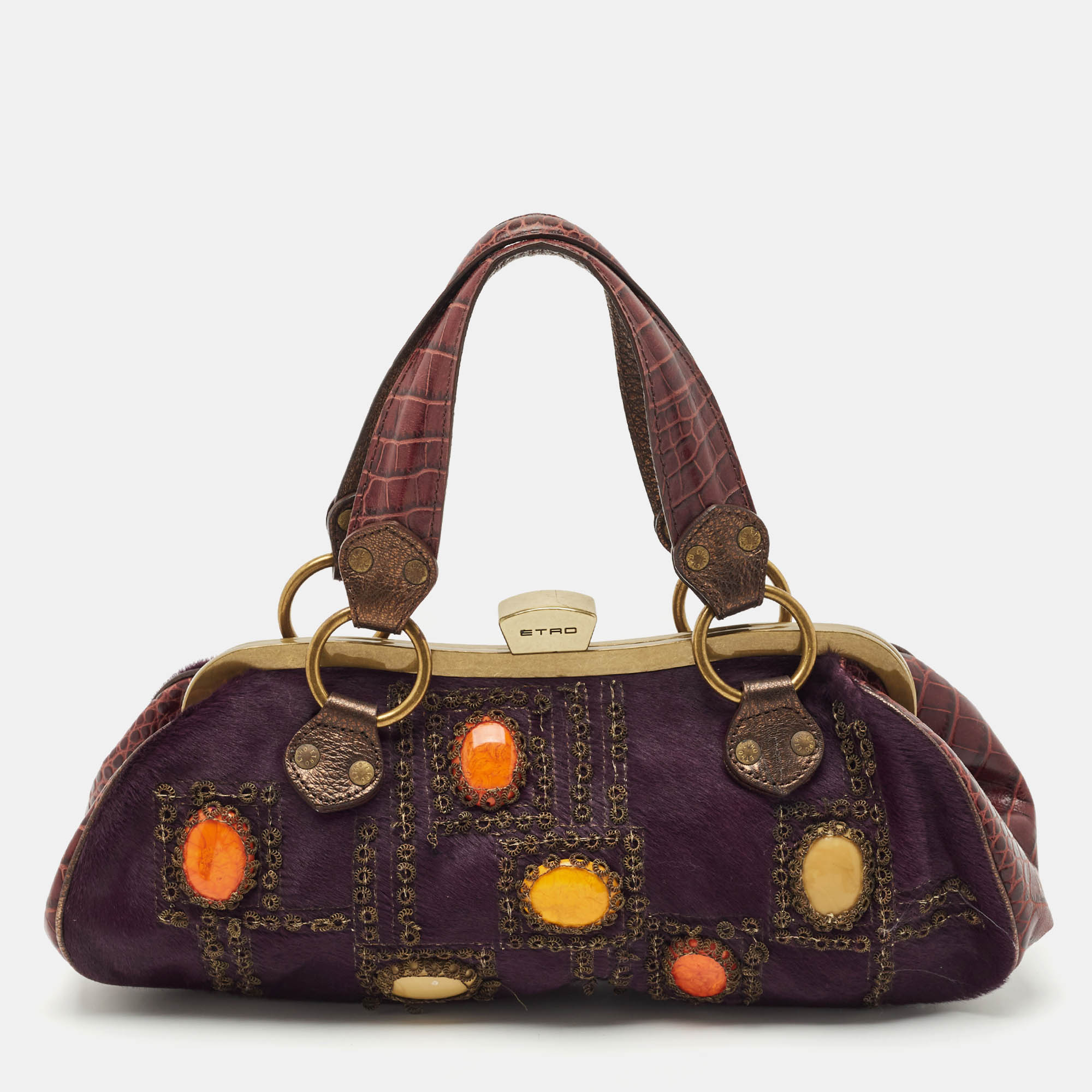 

Etro Purple Calfhair and Croc Embossed Leather Embellished Frame Satchel