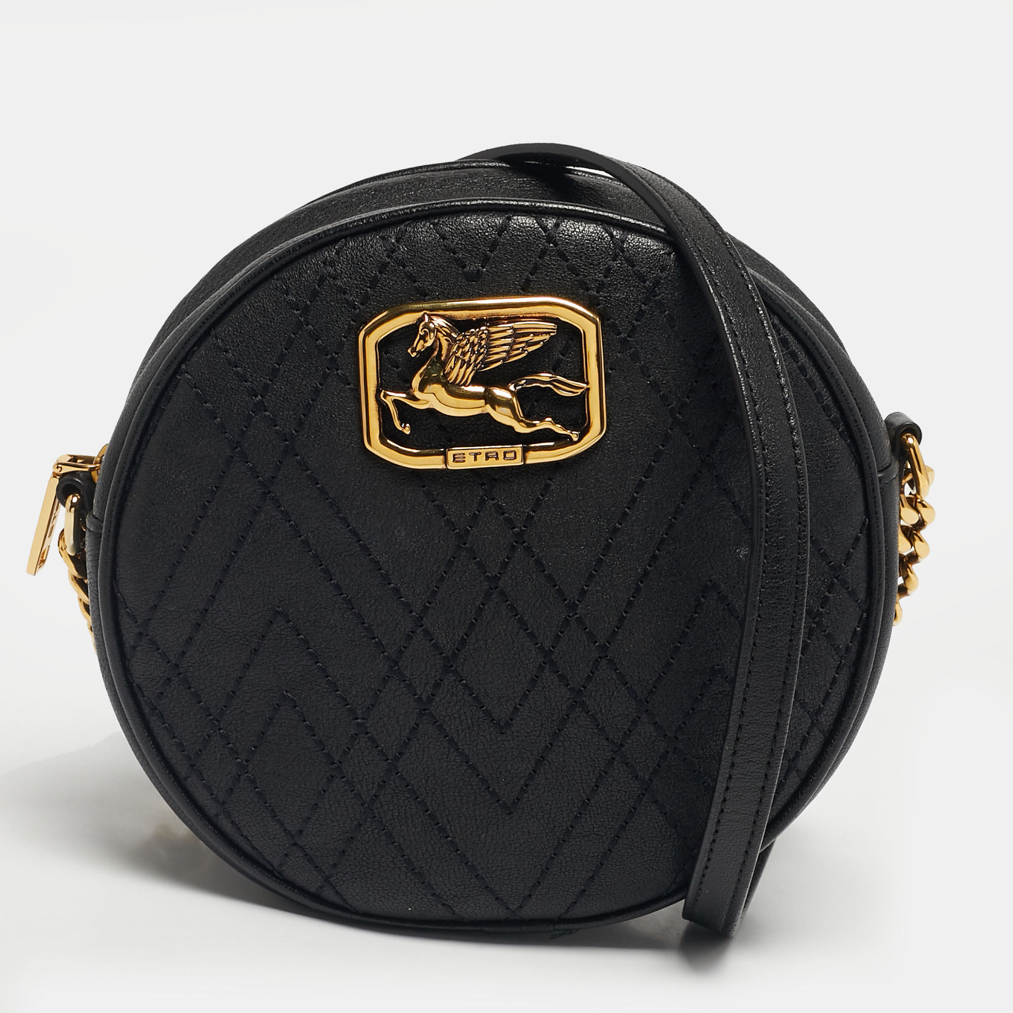 

Etro Black Leather Pegaso Round Crossbody Bag