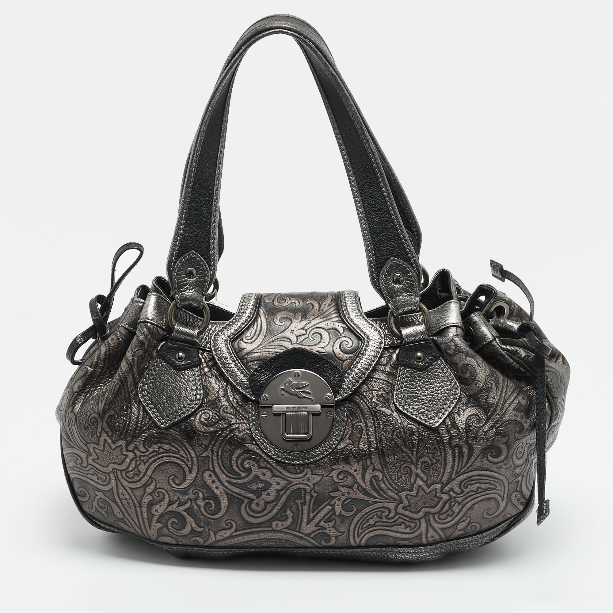 

Etro Metallic Paisley Embossed Leather Drawstring Hobo