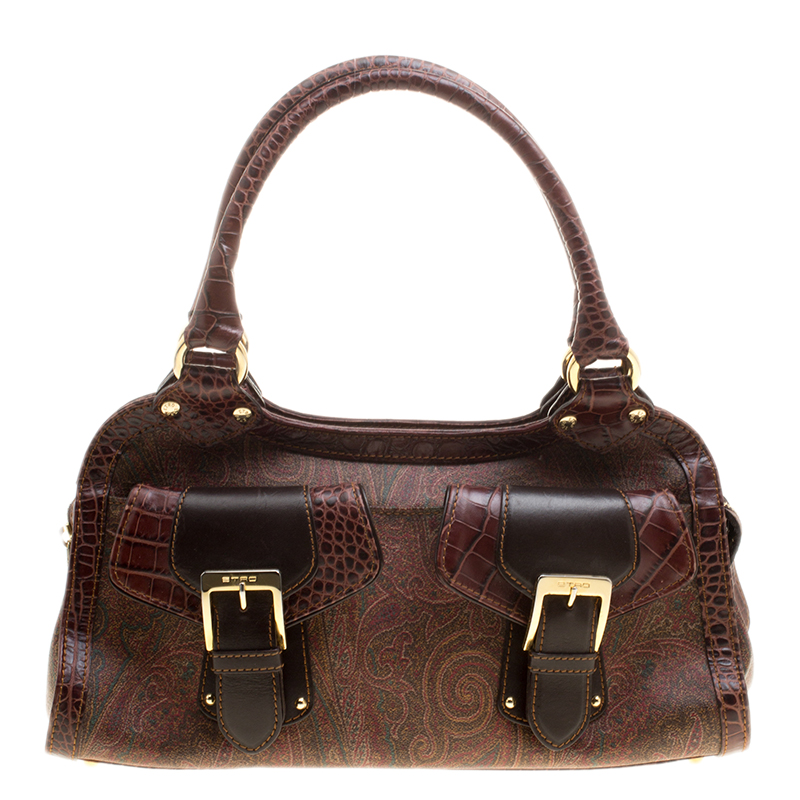 Pre Owned Etro Paisley Print Canvas and Leather Trim Satchel