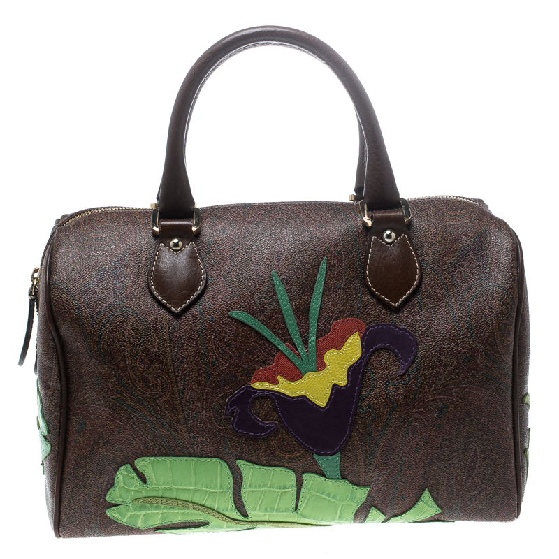 Pre Owned Etro Brown/Multicolor Paisley Printed Coated Canvas Embroidered Boston Bag