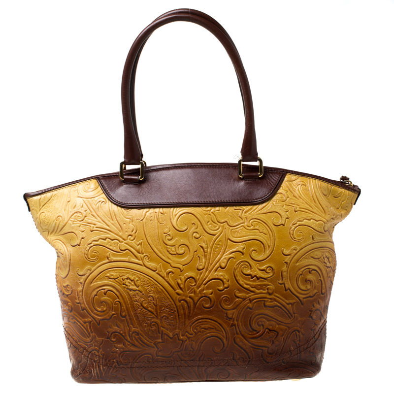 Pre-owned Etro Yellow/brown Ombre Paisley Embossed Leather Zip Tote