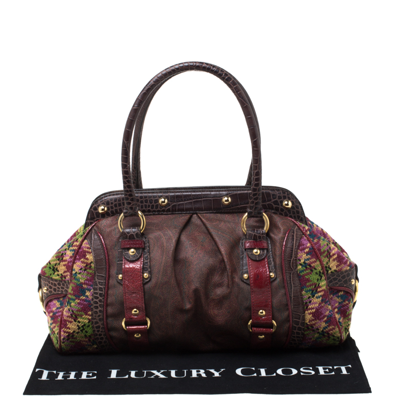 Pre-owned Etro Multicolor Paisley Coated Canvas Croc Embossed Leather And Fabric Frame Satchel
