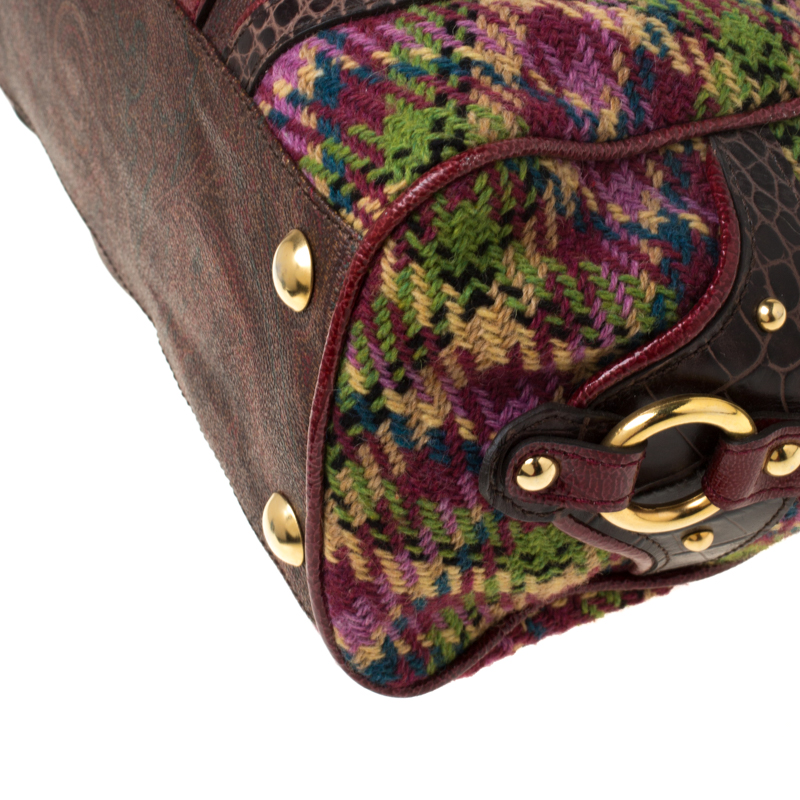 Pre-owned Etro Multicolor Paisley Coated Canvas Croc Embossed Leather And Fabric Frame Satchel
