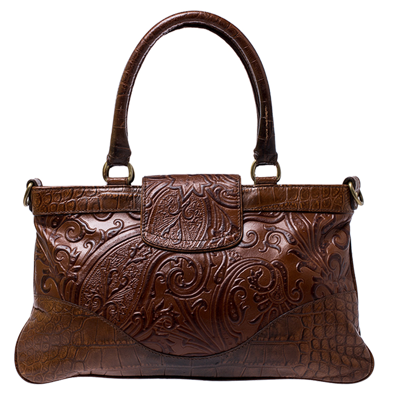 Pre-owned Etro Brown Paisley Embossed Leather Turnlock Shoulder Bag