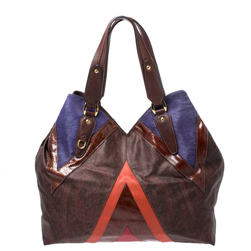 Etro Multicolor Paisley Coated Canvas and Fur Tote