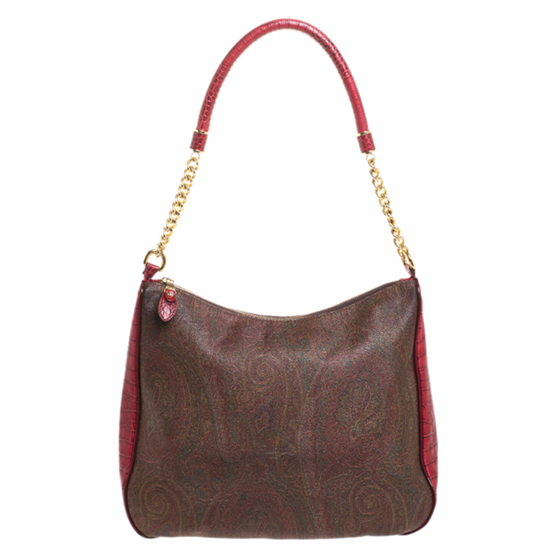 Pre Owned Etro Red/Brown Paisley Print and Croc Embossed Leather Hobo