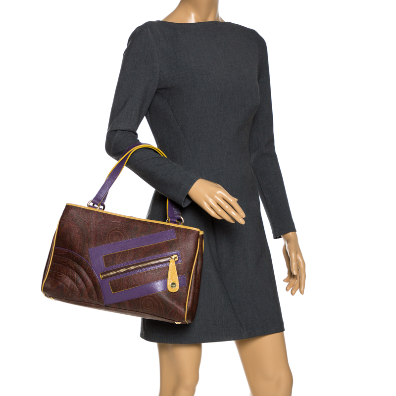 

Etro Tri Color Paisley Print Coated Canvas and Leather Logo Tote, Brown