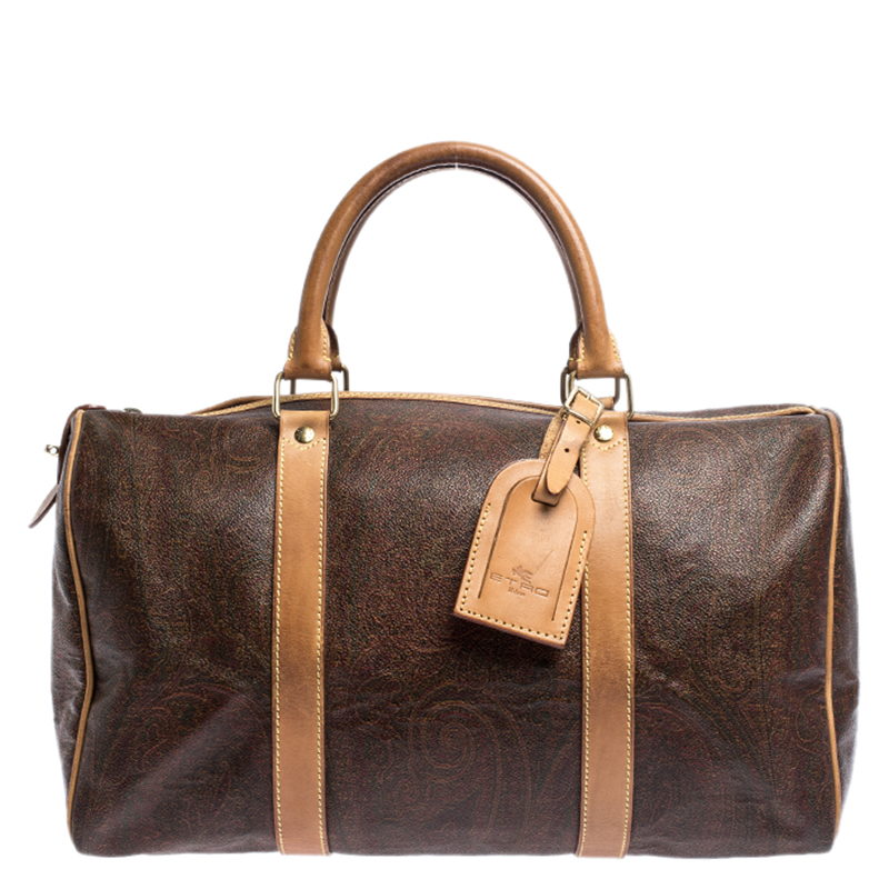Pre Owned Etro Brown Paisley Printed Coated Canvas and Leather Weekender Bag