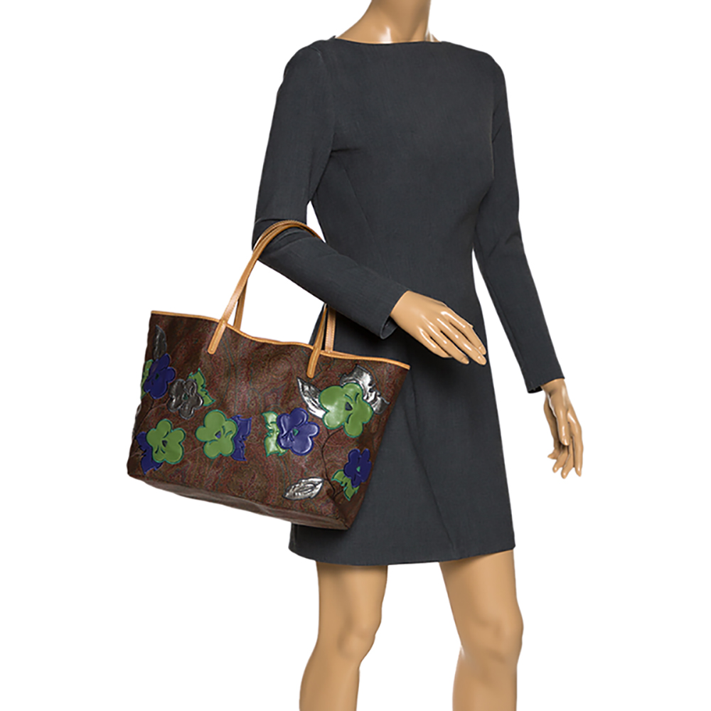 

Etro Brown Paisley Embroidered Coated Canvas Tote