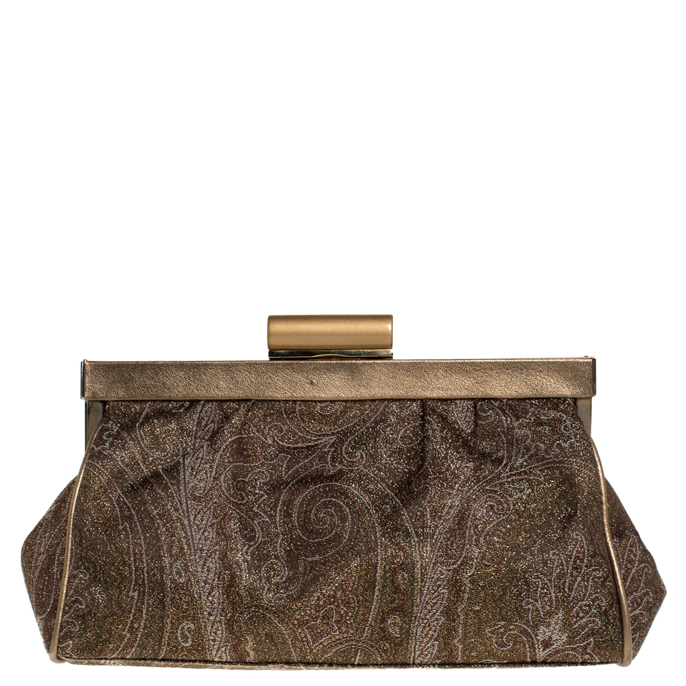 Pre Owned Etro Metallic Gold/Green Paisley Print Lame Fabric Frame Clutch