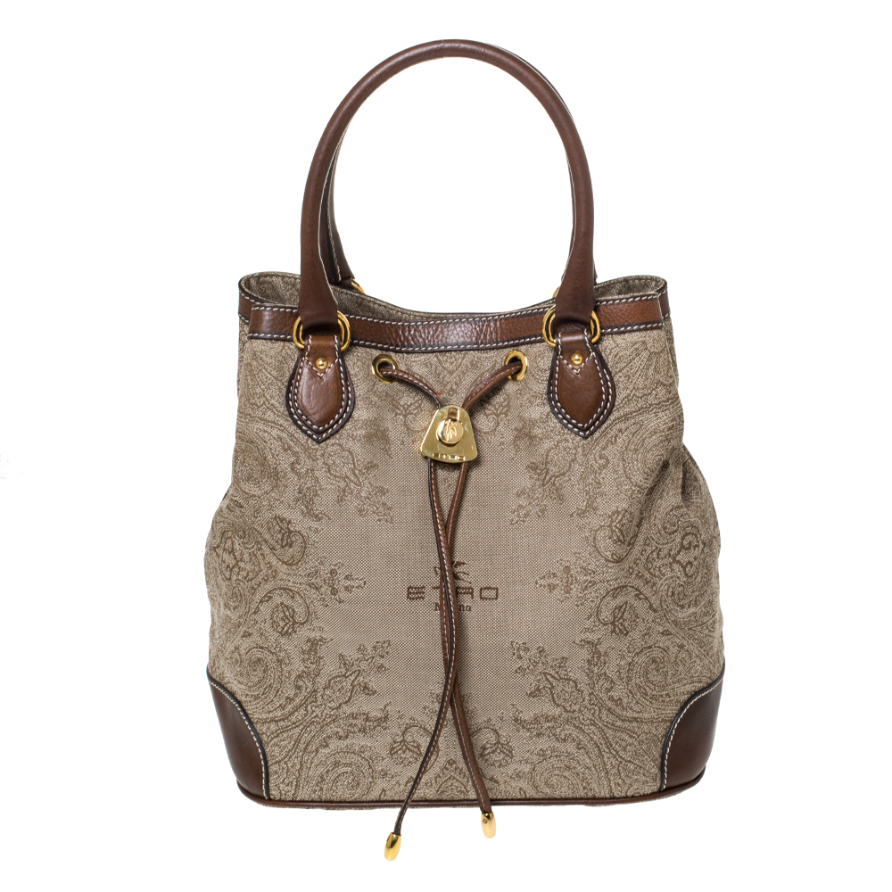 Etro Brown/Beige Printed Jacquard Fabric and Leather Drawstring Bag