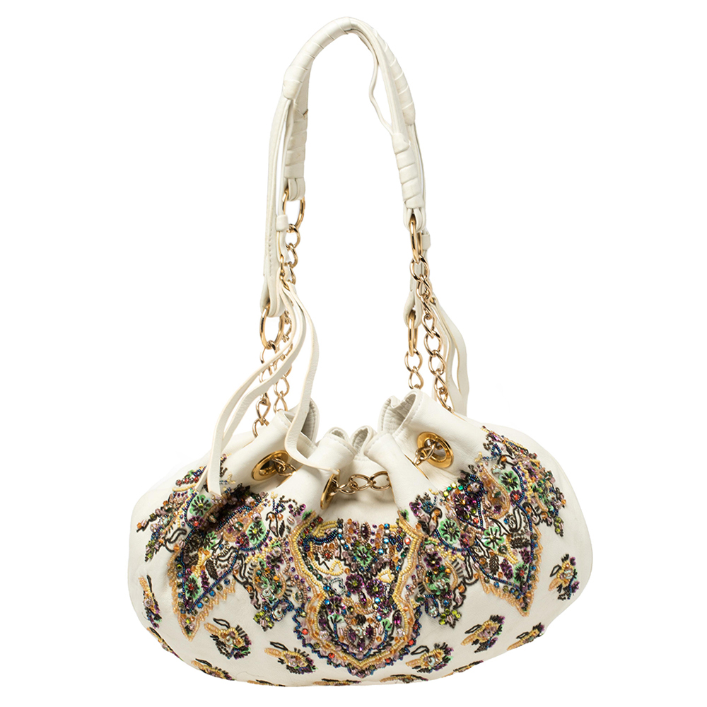Pre-owned Etro White Leather Beads Embroidered Drawstring Shoulder Bag