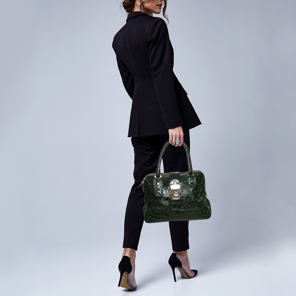 

Etro Dark Green Paisley Embossed Leather Pushlock Flap Satchel