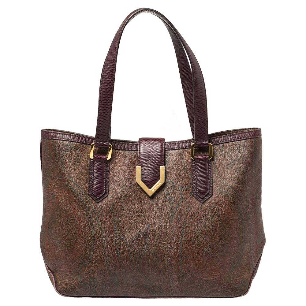 Pre-owned Etro Brown Paisley Coated Canvas And Lizard Embossed Tote
