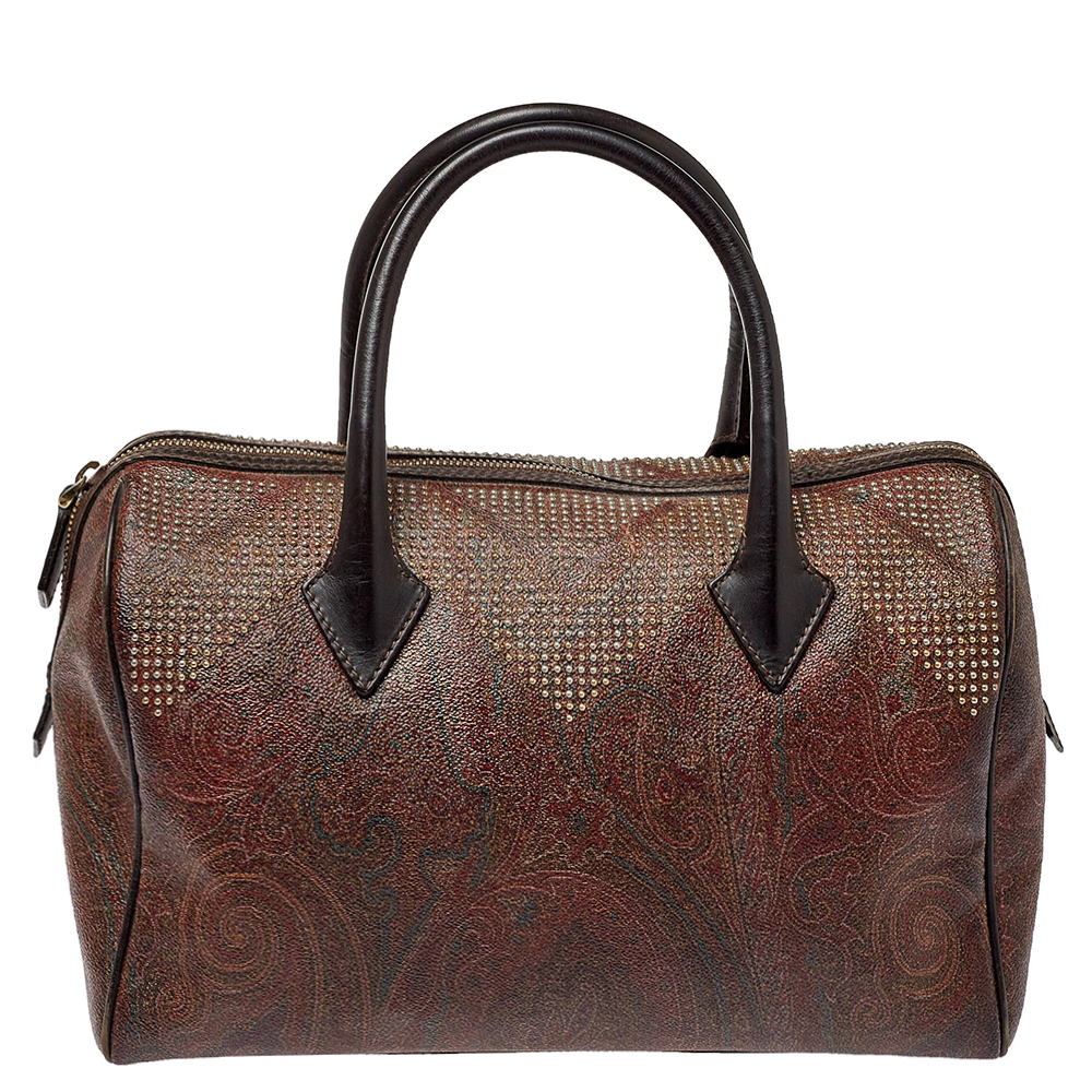 Pre-owned Etro Brown Paisley Printed Coated Canvas Studded Satchel