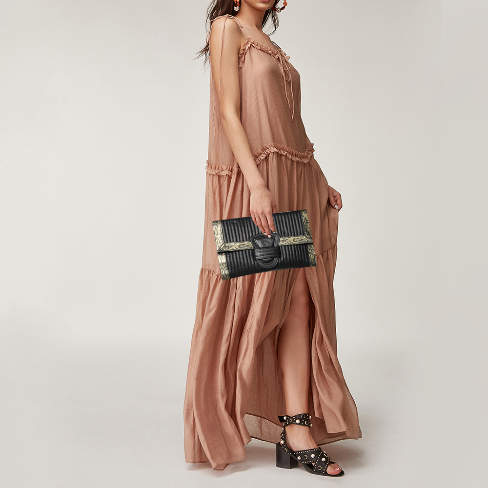 

Etro Black/Gold Printed Leather Flap Clutch