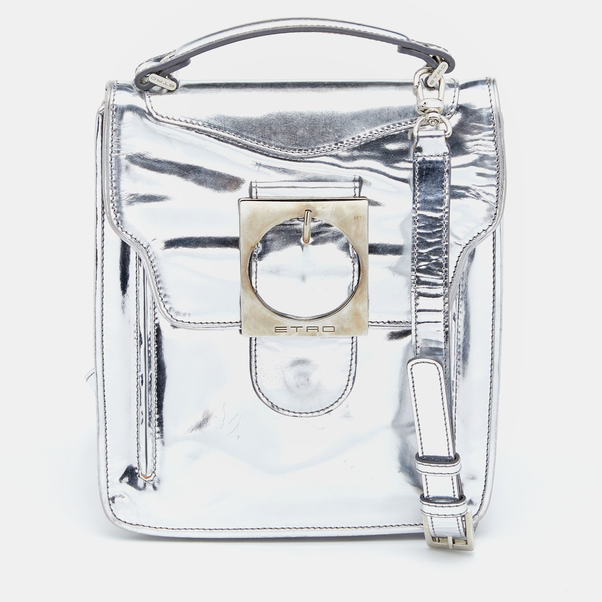 Pre-owned Etro Metallic Silver Leather Flap Crossbody Bag