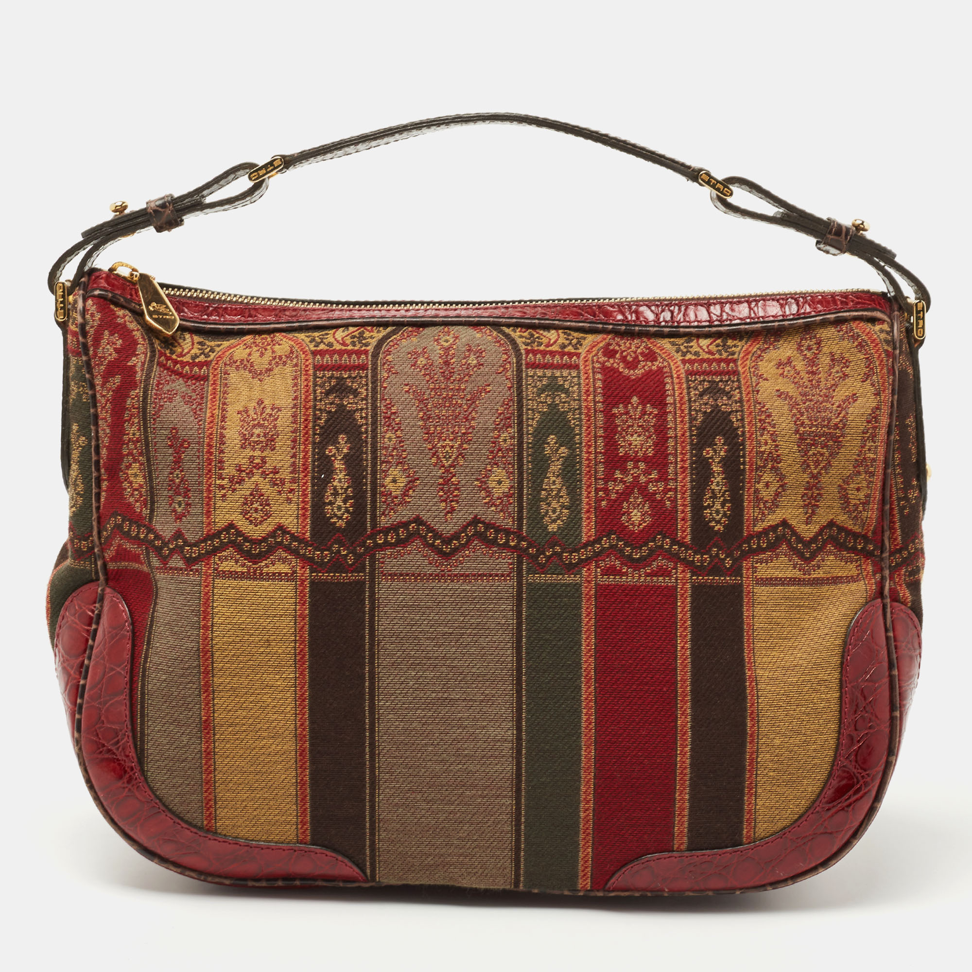Etro Red/Multicolor Printed Canvas and Croc Embossed Leather Hobo