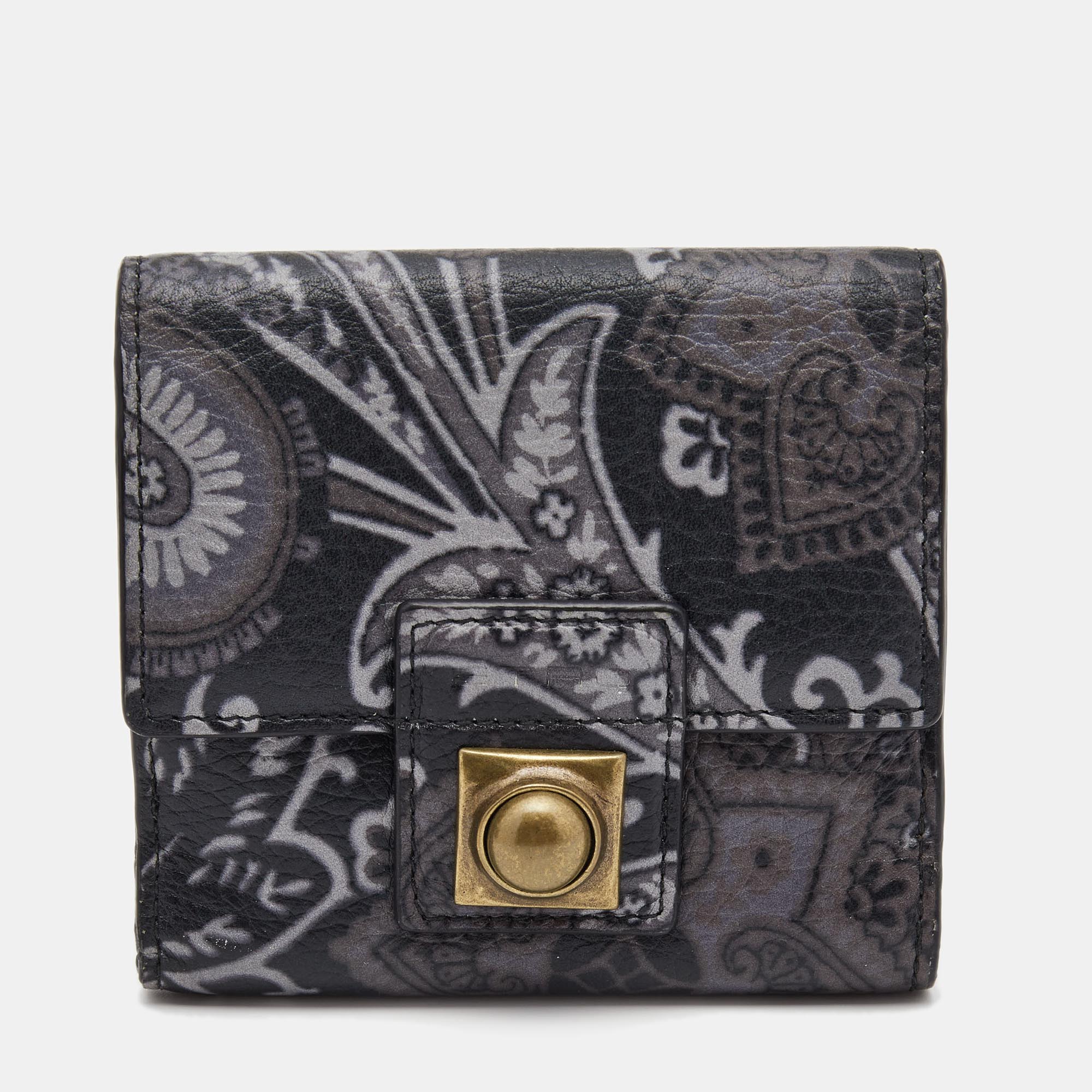 Pre-owned Etro Black/grey Paisley Print Leather Crown Me Compact Wallet