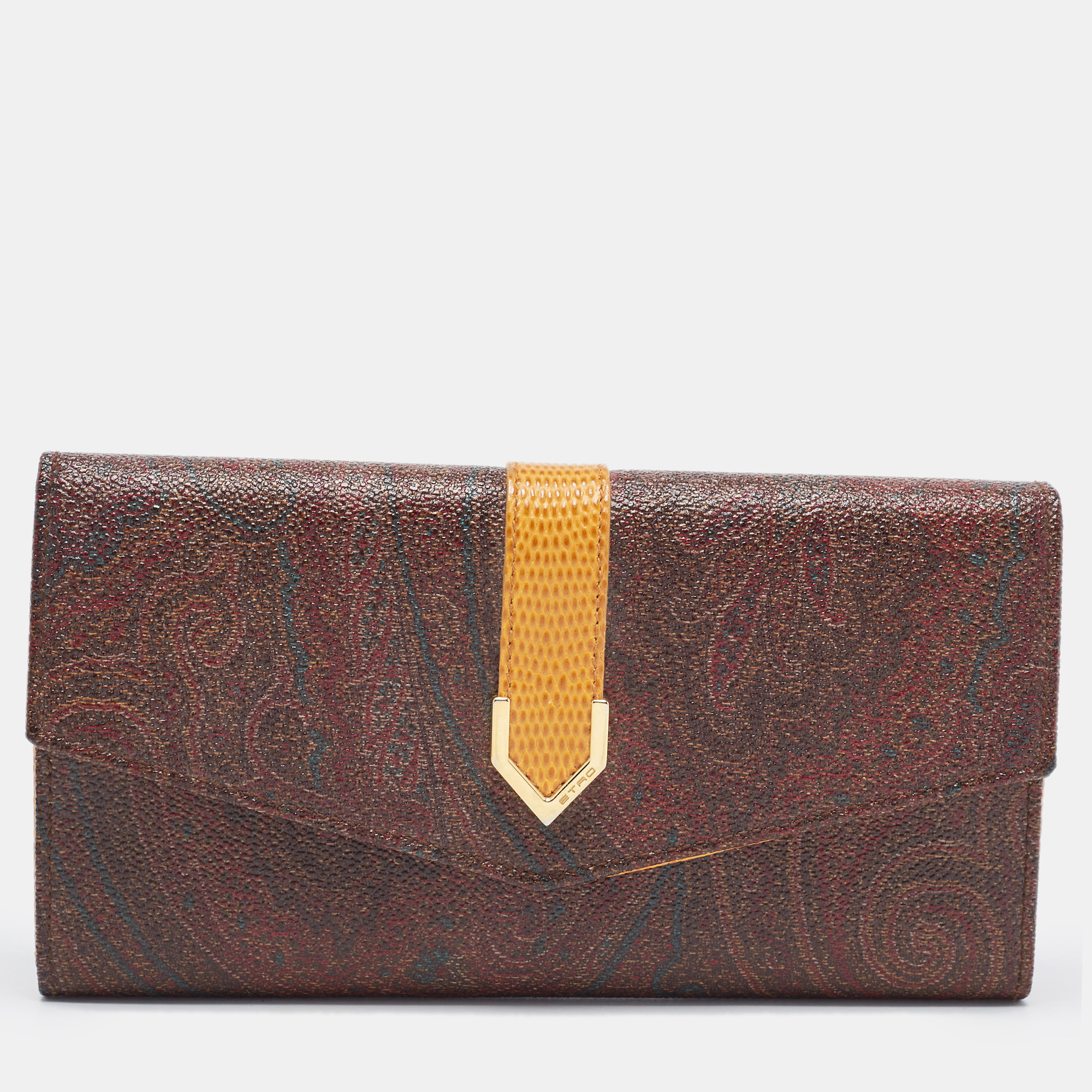 

Etro Brown/Mustard Paisley Print Coated Canvas and Leather Flap Continental Wallet