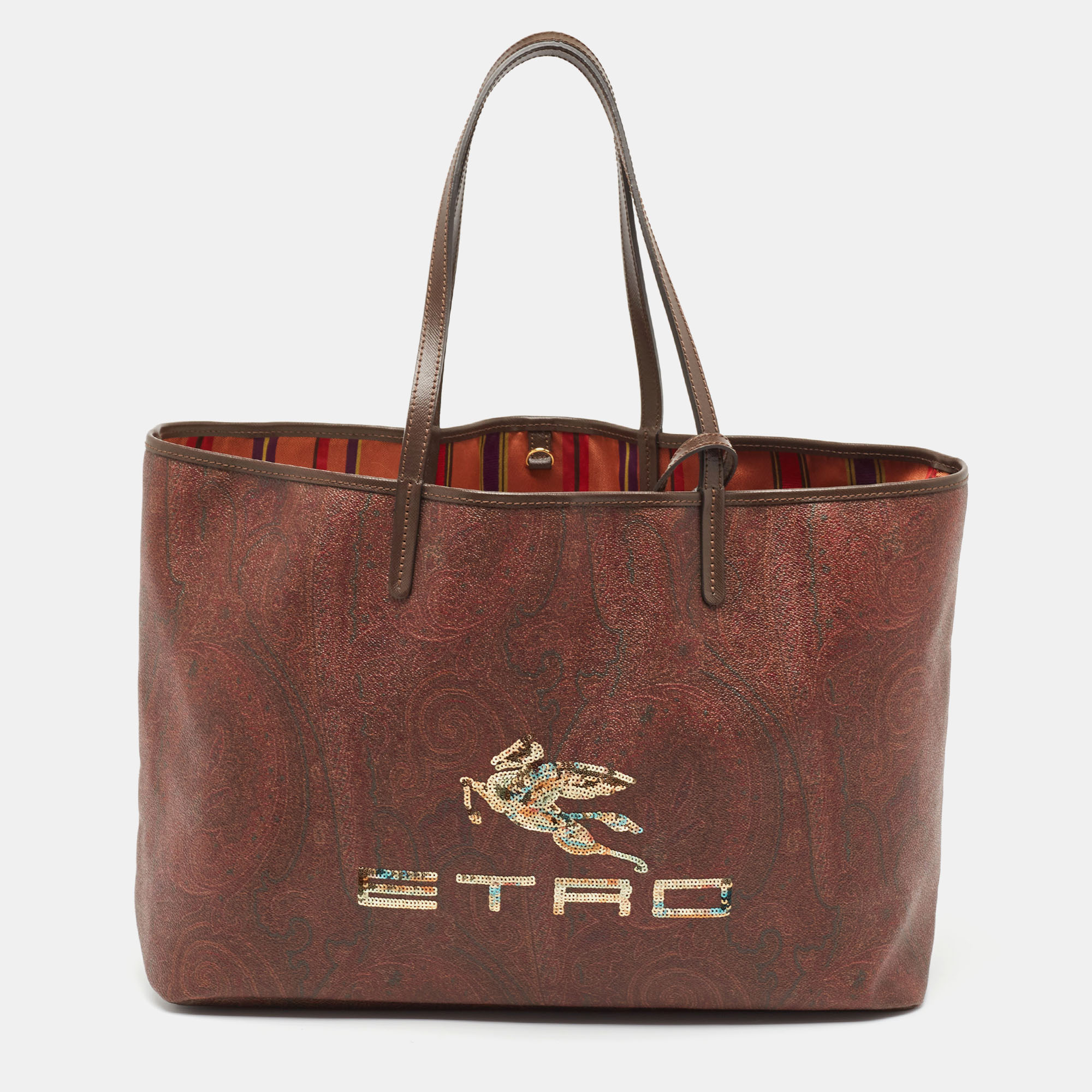 Etro Brown Paisley Print Coated Canvas Sequin Logo Shopper Tote