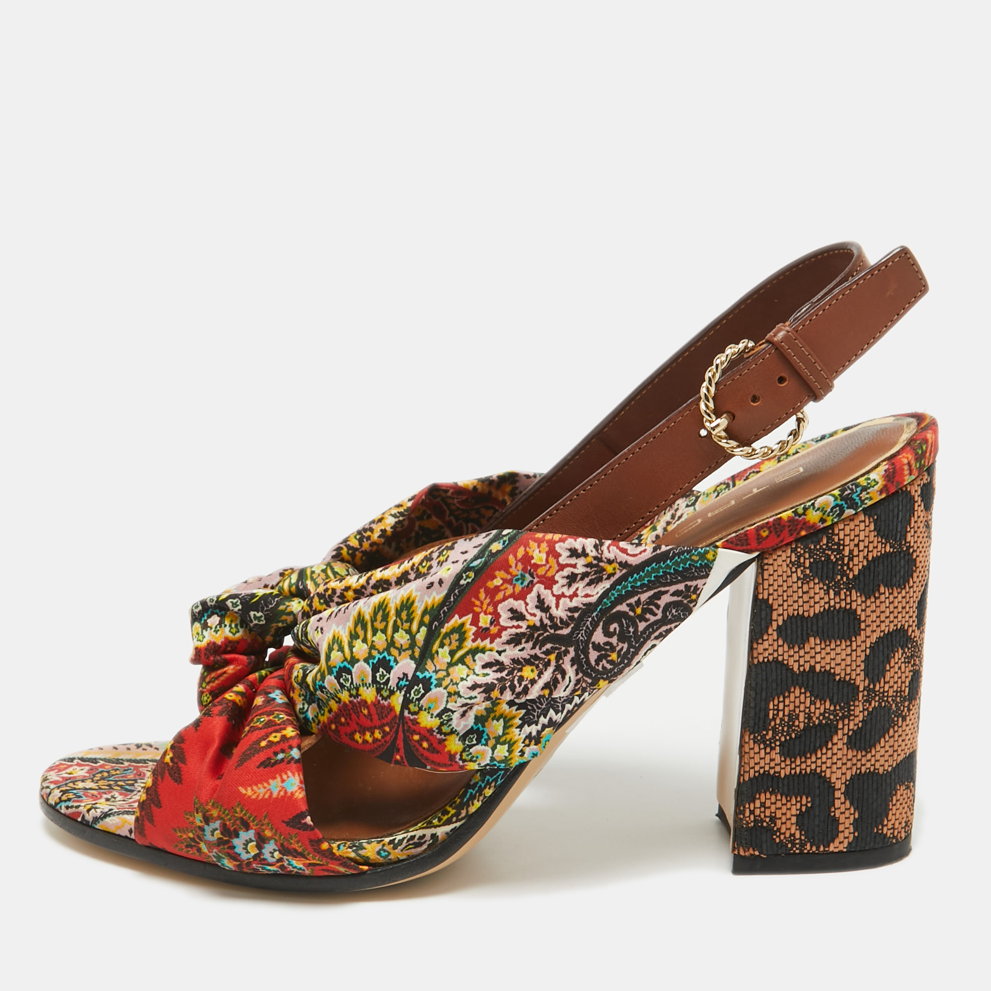 

Etro Multicolor Printed Satin and Leather Knotted Slingback Sandals Size