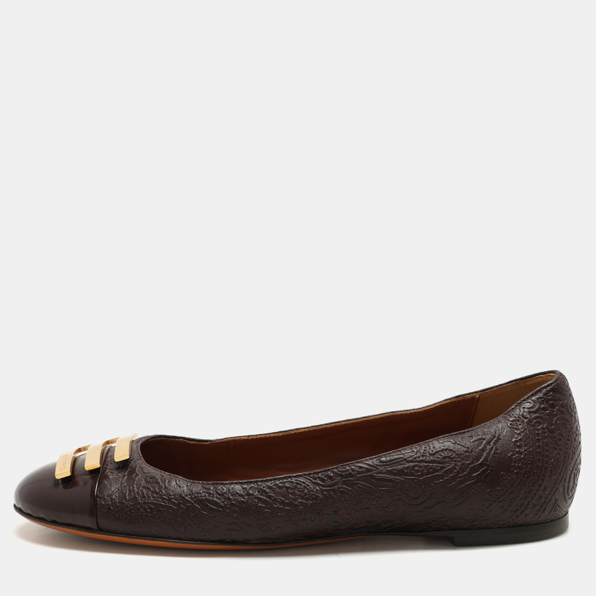 

Etro Brown Embossed Leather Embellished Cap Toe Ballet Flats Size