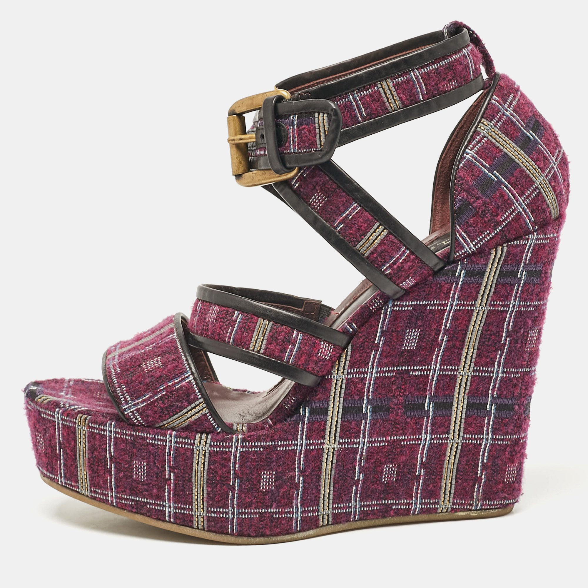 

Etro Magenta Pink/Black Tweed and Leather Platform Wedge Sandals Size