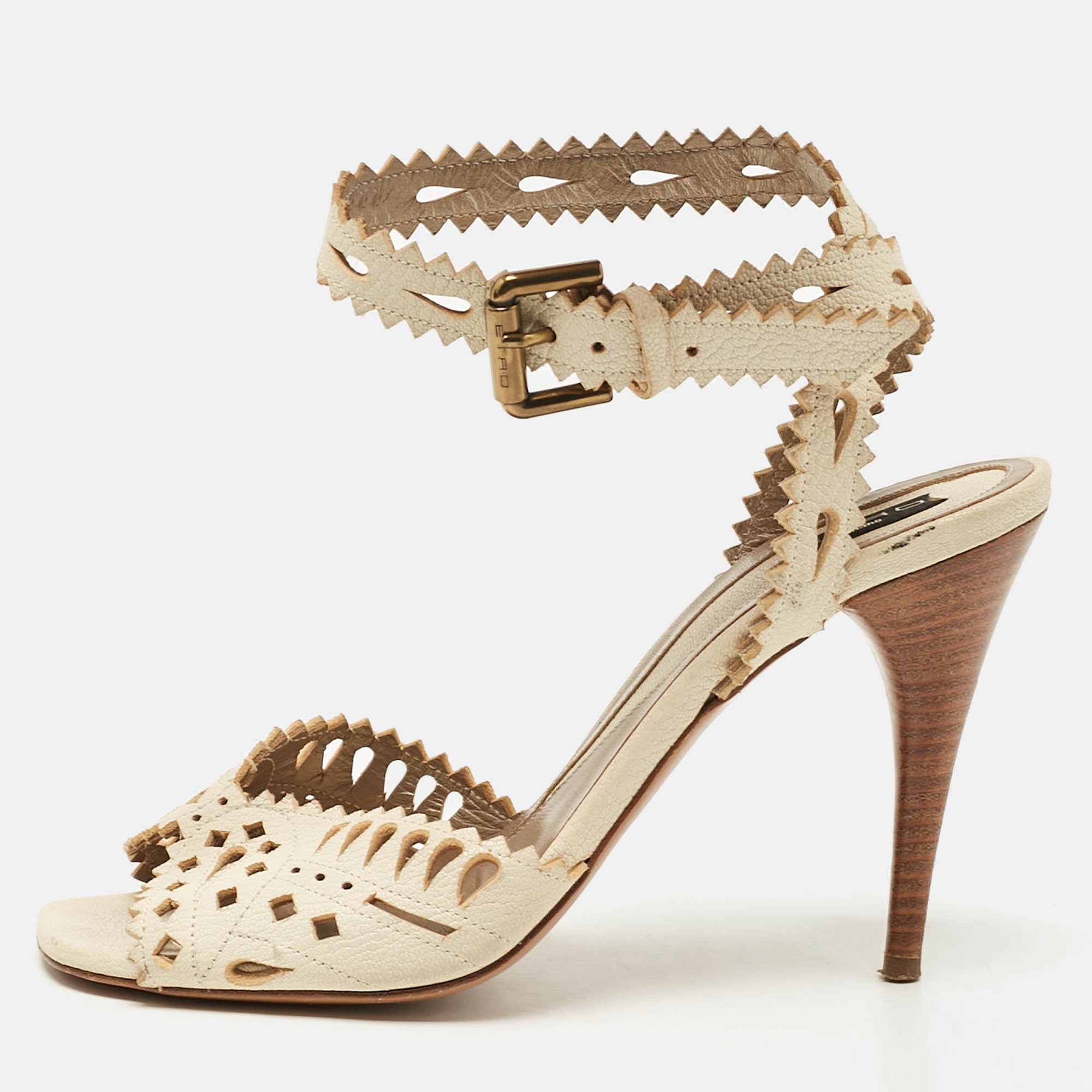 

Etro Cream Leather Cutout Ankle Strap Sandals Size