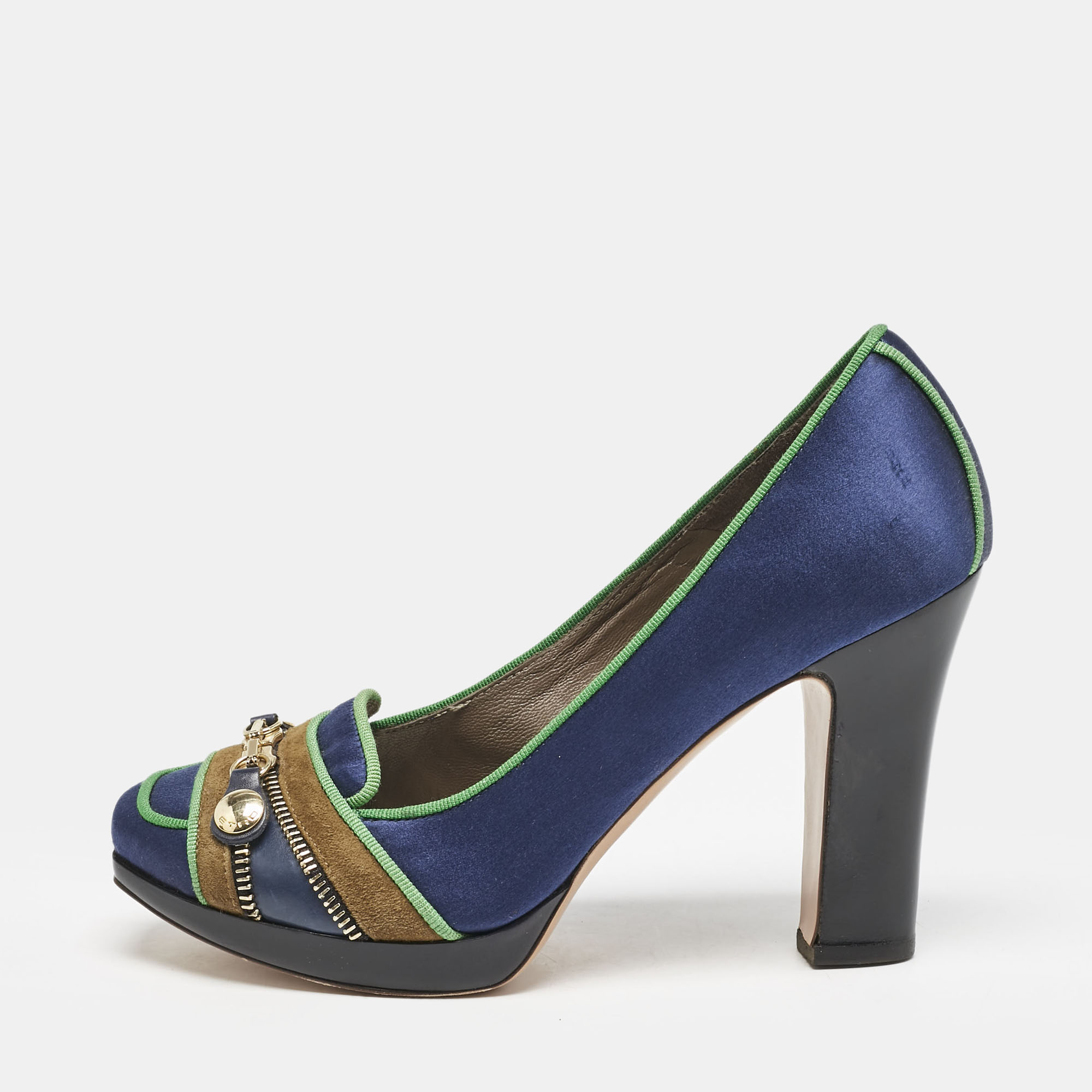 

Etro Blue/Green Satin Zip Embellished Block Heel Pumps Size