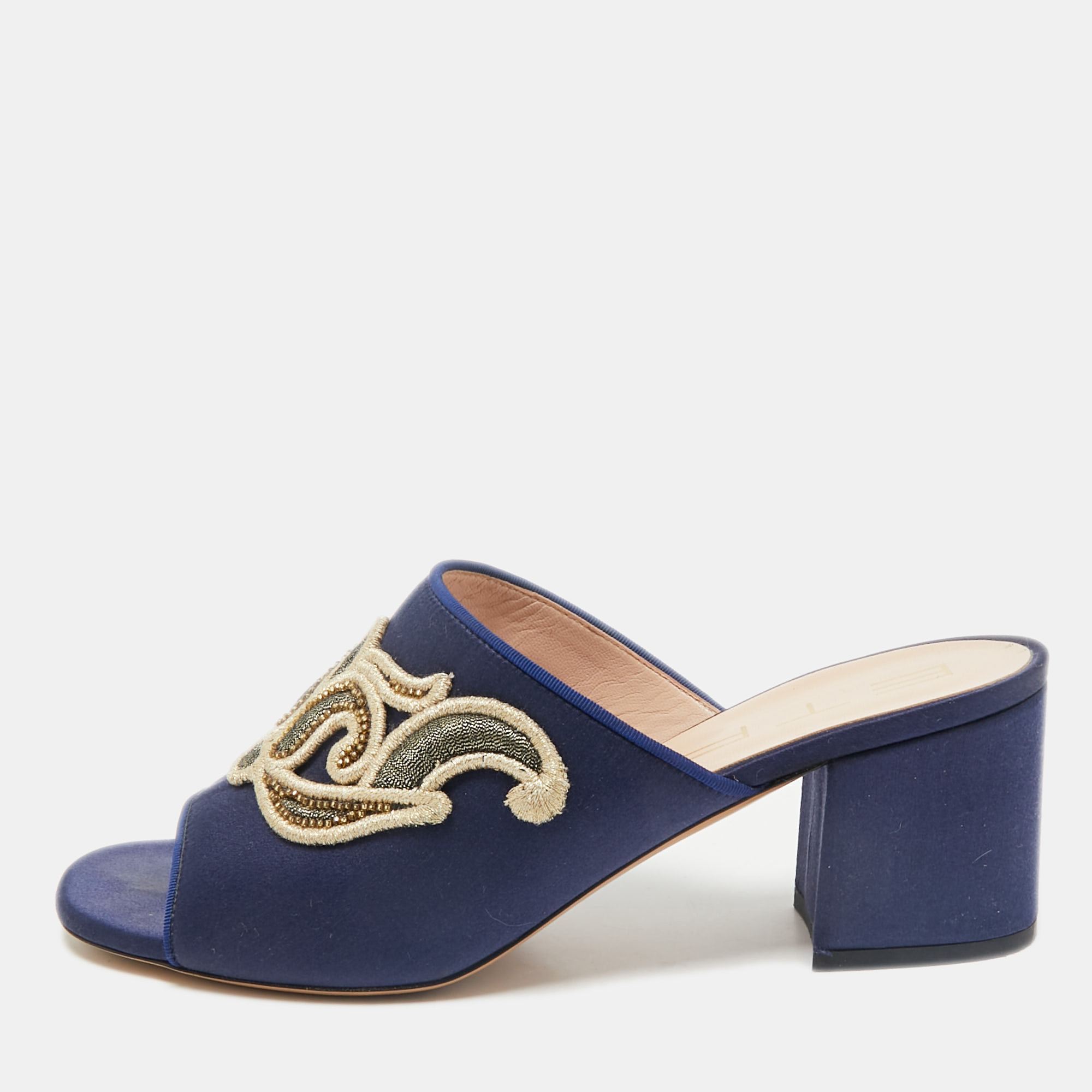 

Etro Navy Blue Satin Slide Sandals Size