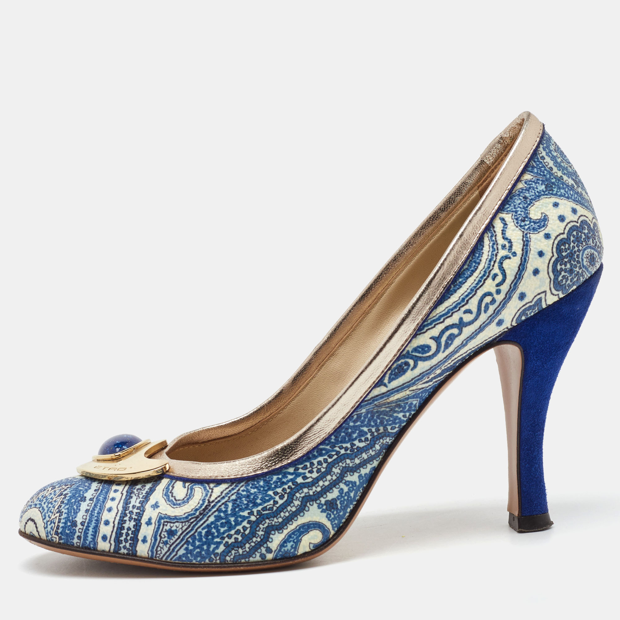 Pre-owned Etro Blue/white Paisley Print Coated Canvas Embellished Pumps Size 37.5