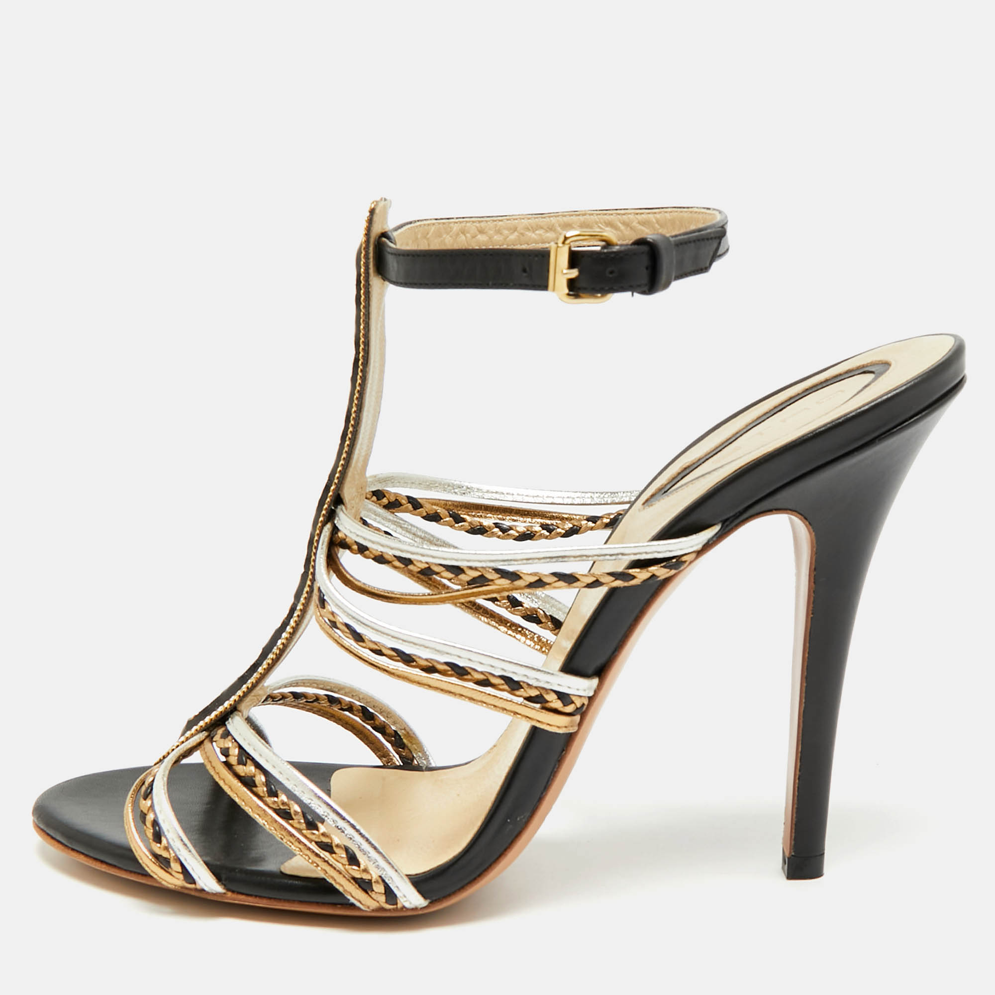 

Etro Size  Black/Gold Leather Chain Embellished Ankle Strap Sandals