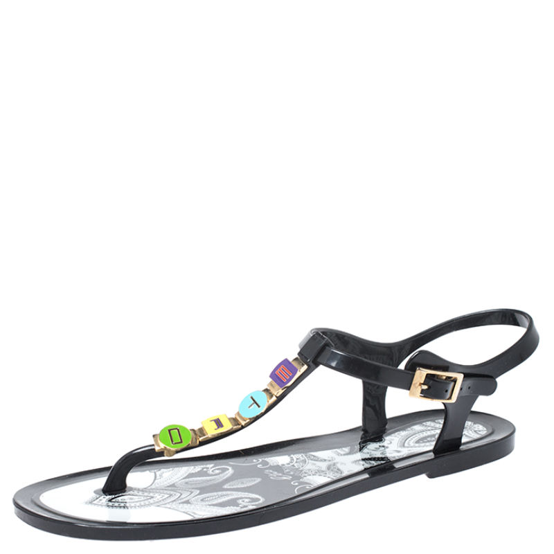 Pre Owned  Etro Black Jelly Multicolor Metal Logo Embellished Thong Flats Size 39