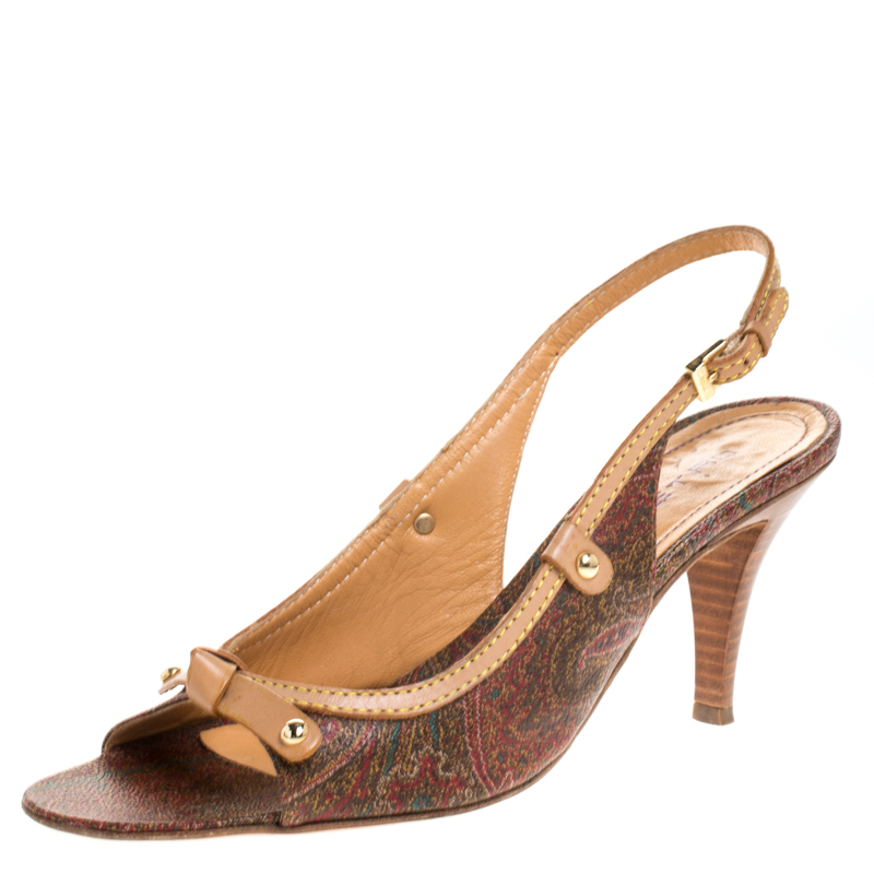 

Etro Brown Paisley Print Coated Canvas and Leather Open Toe Slingback Sandals Size