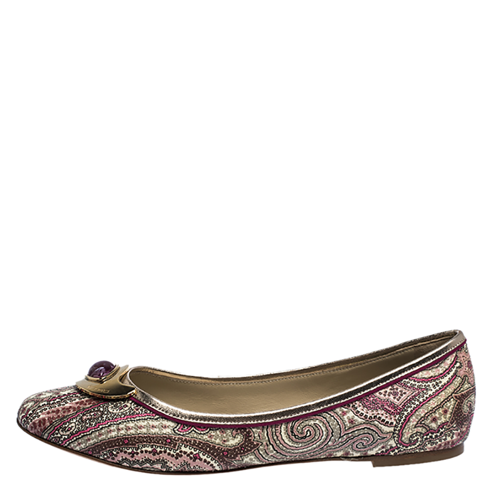 

Etro Purple Paisley Printed Coated Canvas Embellished Ballet Flats Size