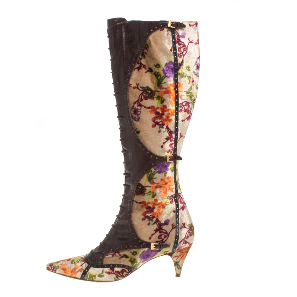 

Etro Brown/Beige Floral Stampa Fiore Tall Velvet And Leather Boots Size