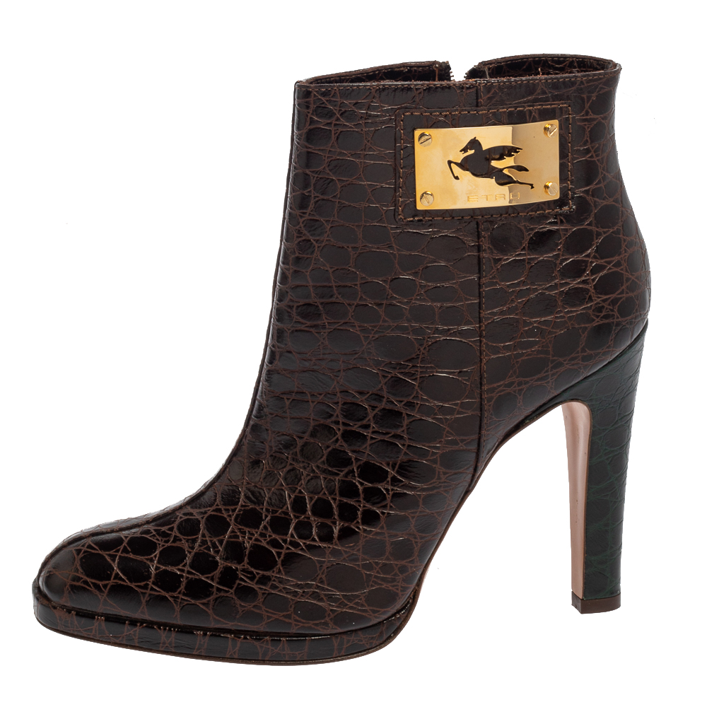 

Etro Brown Croc Embossed Leather Ankle Platform Boots Size