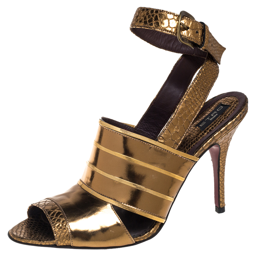Pre-owned Etro Gold Python Embossed And Leather Ankle Wrap Sandals Size 40