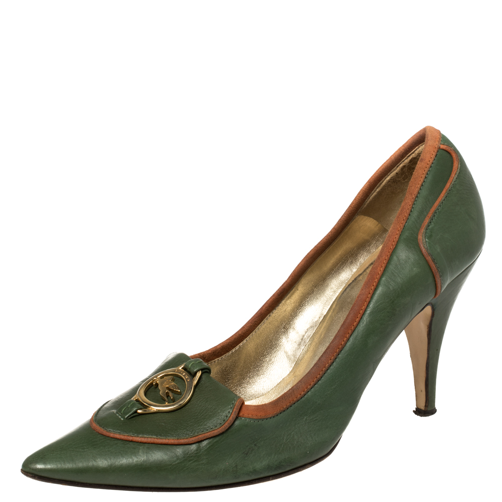 Pre-owned Etro Green Leather Logo Embellished Pointed Toe Pumps Size 38.5