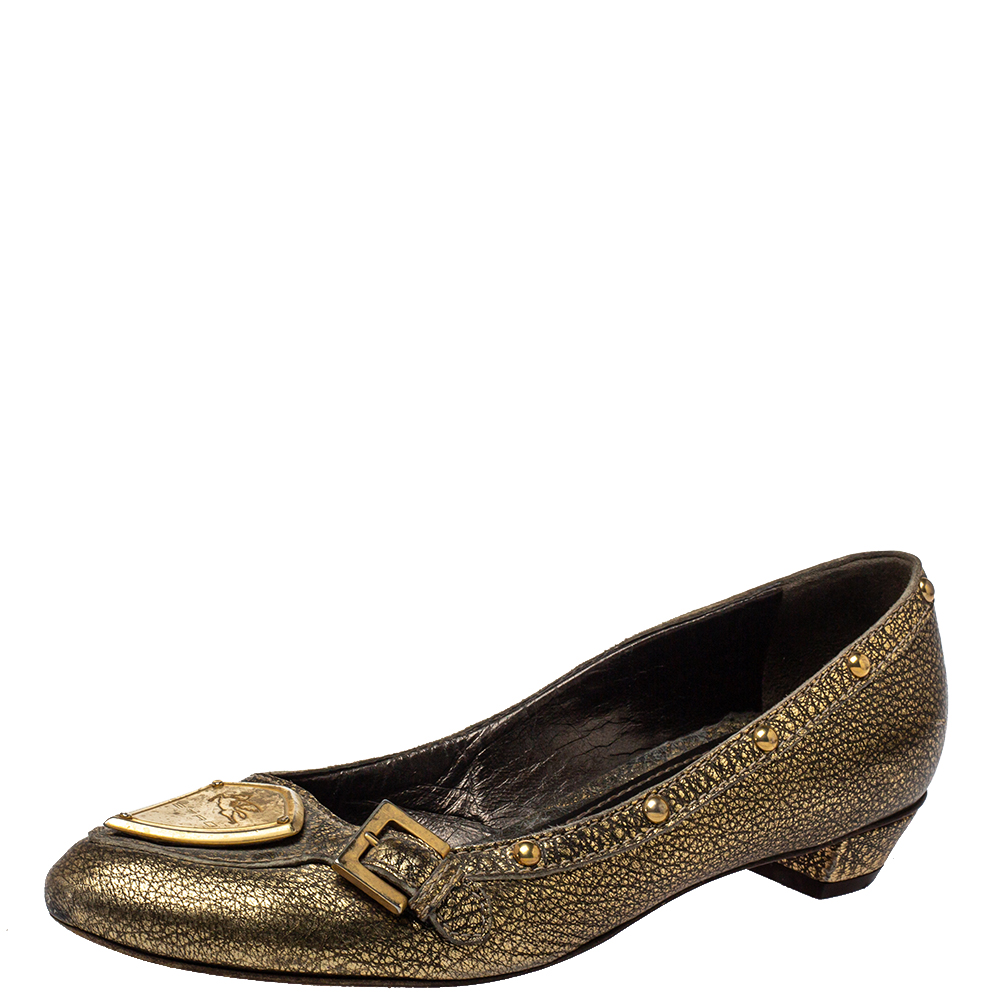 Pre-owned Etro Gold Leather Embellished Studs Ballet Flats Size 38