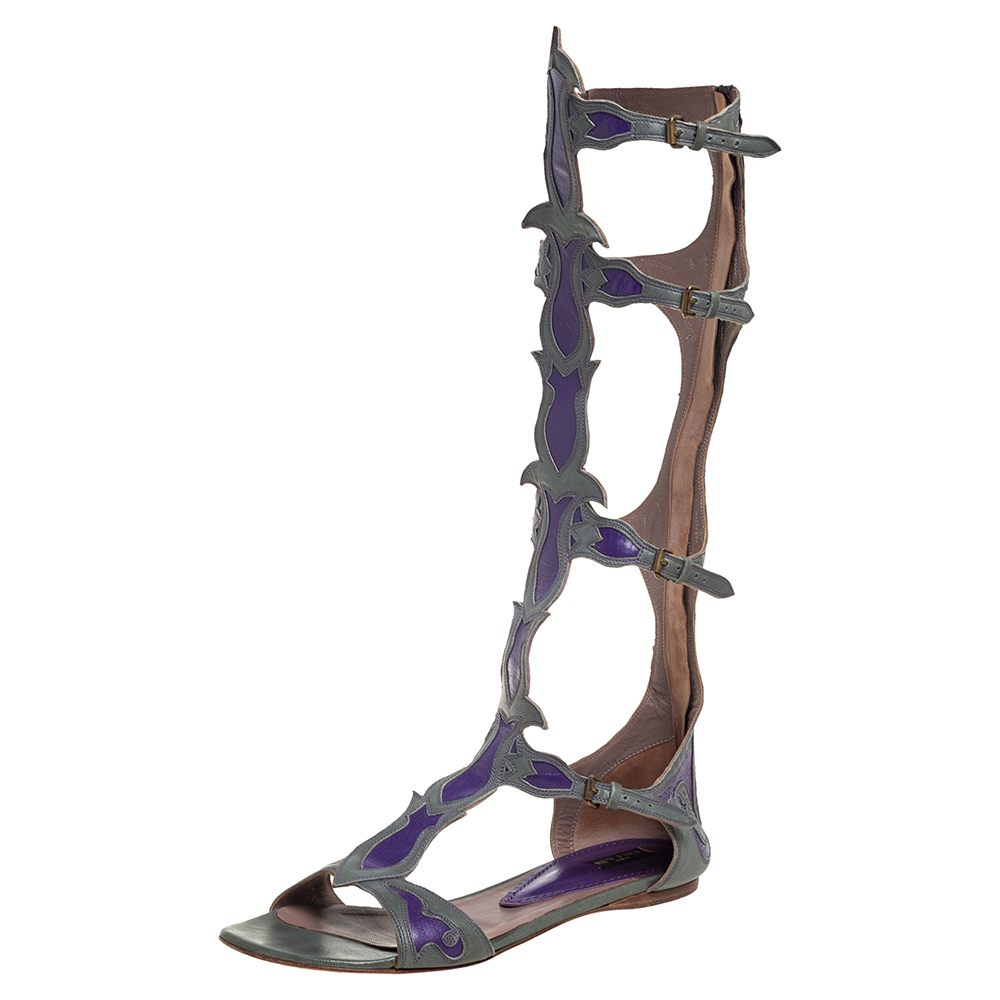 Pre Owned Etro Grey/Purple Leather Flat Gladiator Sandals Size 38