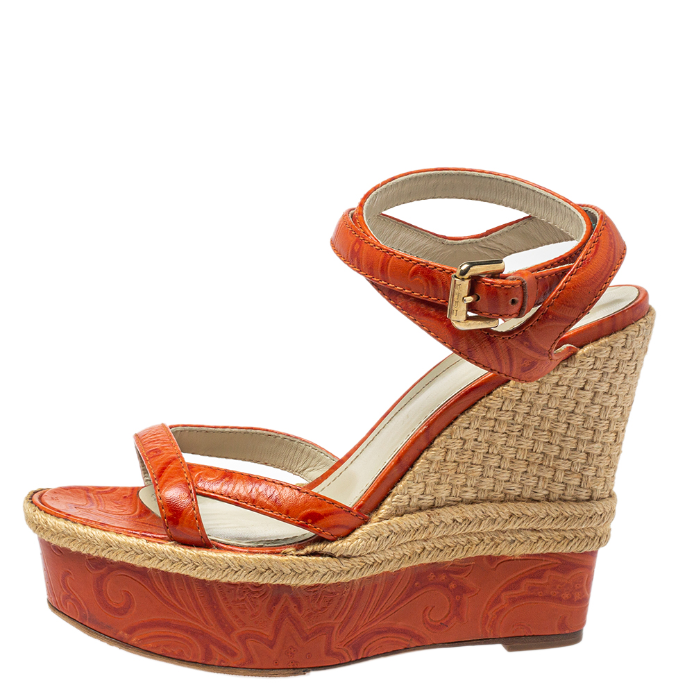 

Etro Orange Leather Espadrille Wedge Sandals Size