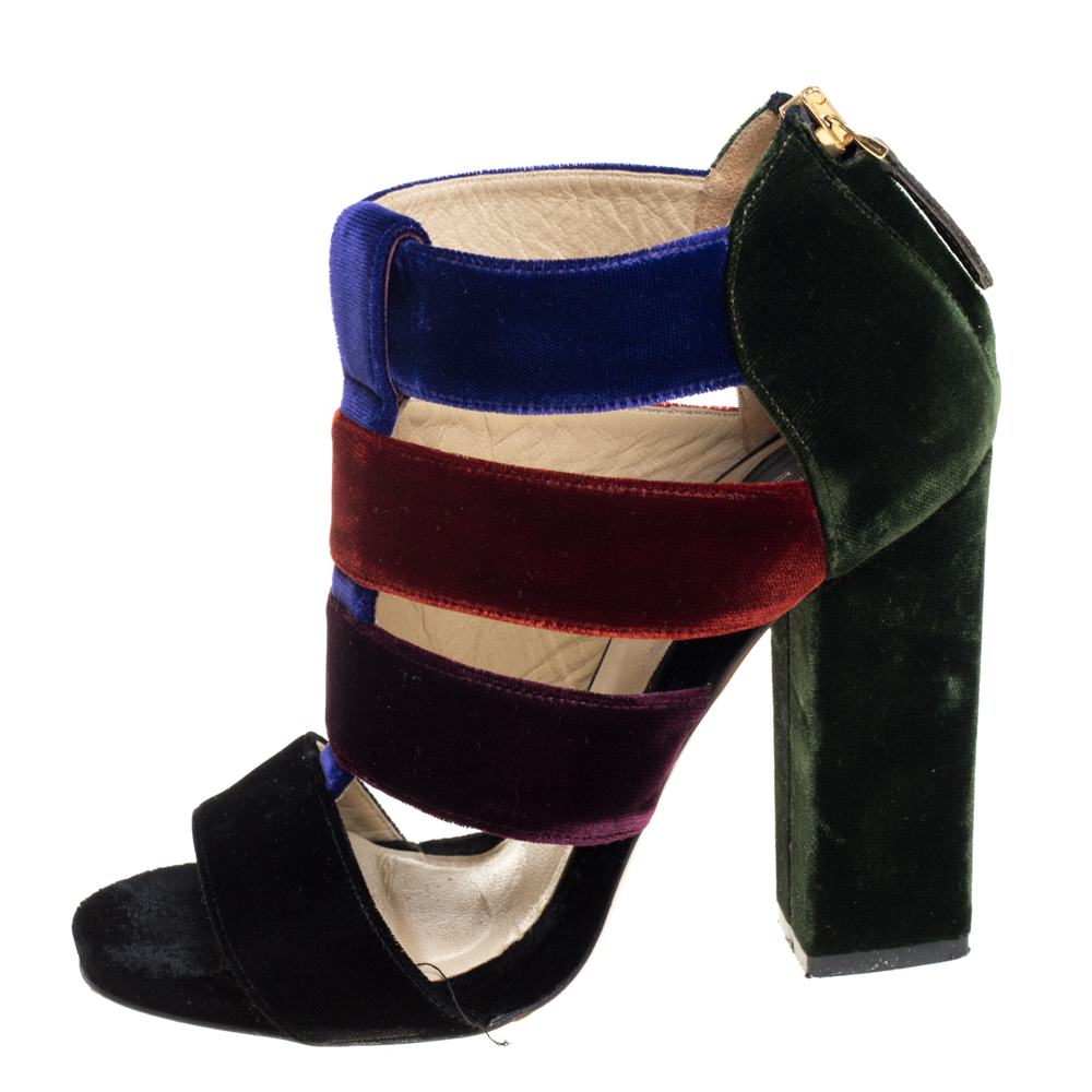 

Etro Multicolor Velvet Caged T-Strap Sandals Size