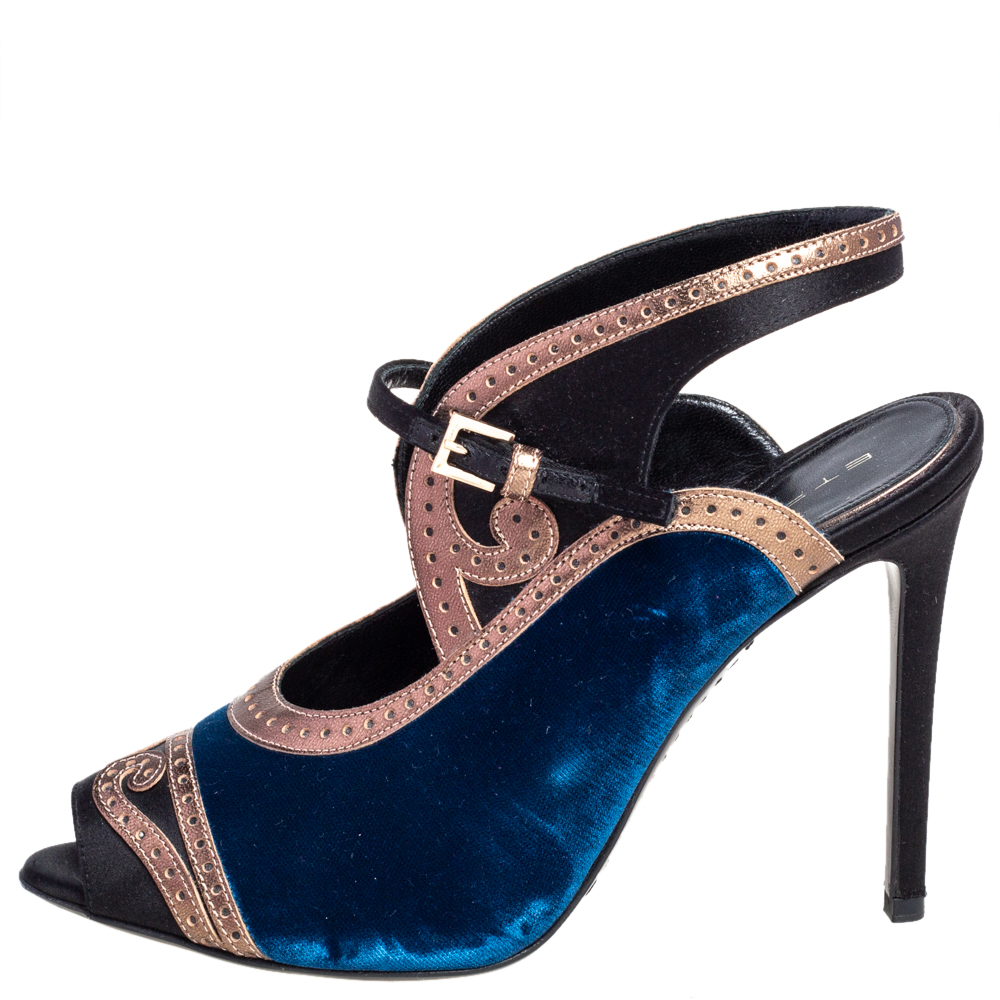

Etro Tri Color Velvet, Satin and Leather Peep Toe Sandals Size, Blue