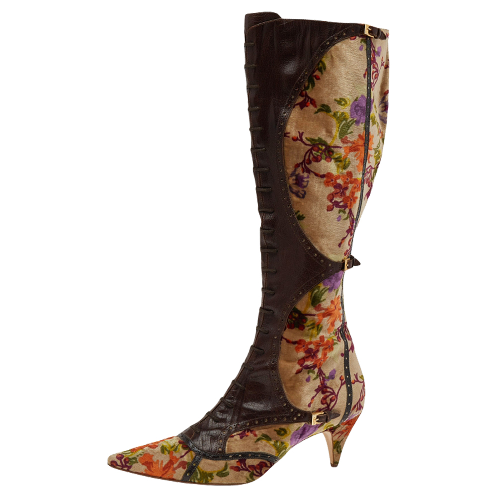 

Etro Multicolor Floral Print Velvet And Leather Lace Up Knee Length Boots Size
