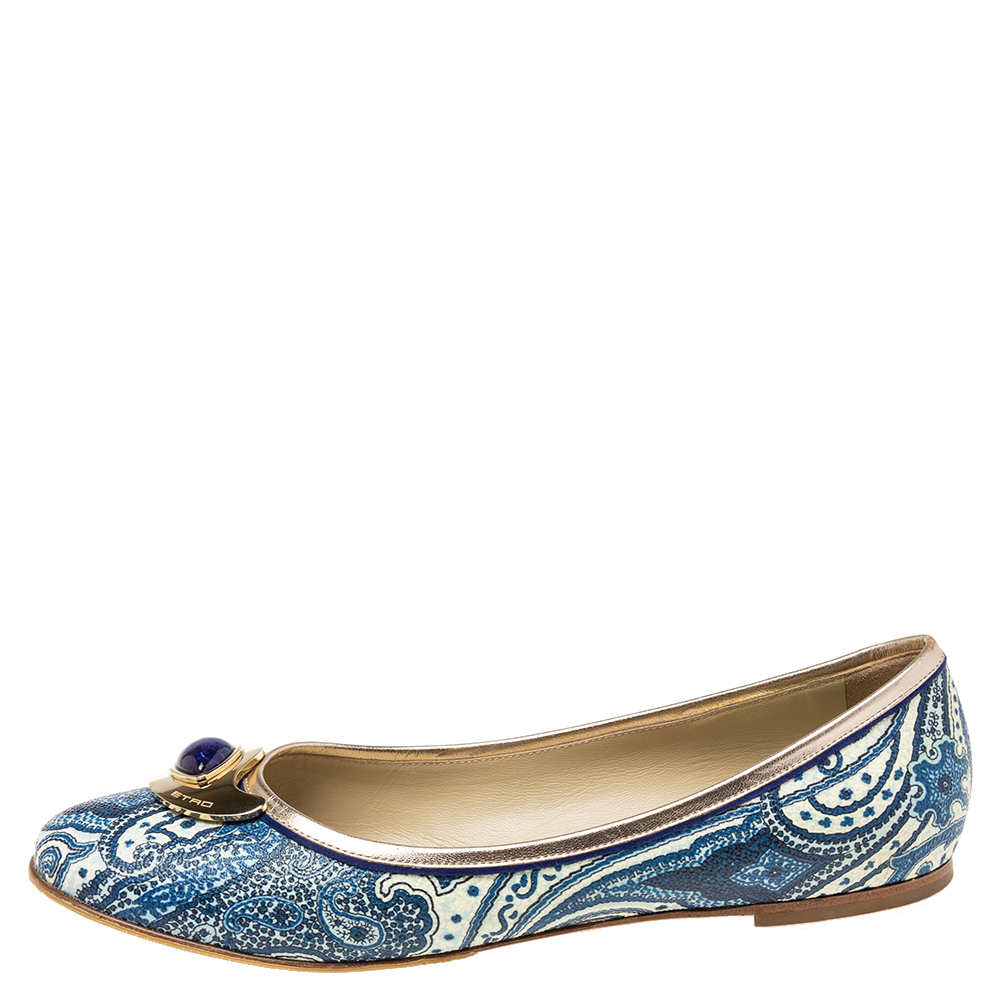 

Etro Blue Paisley Print Coated Canvas and Leather Trim Embellished Ballet Flats Size