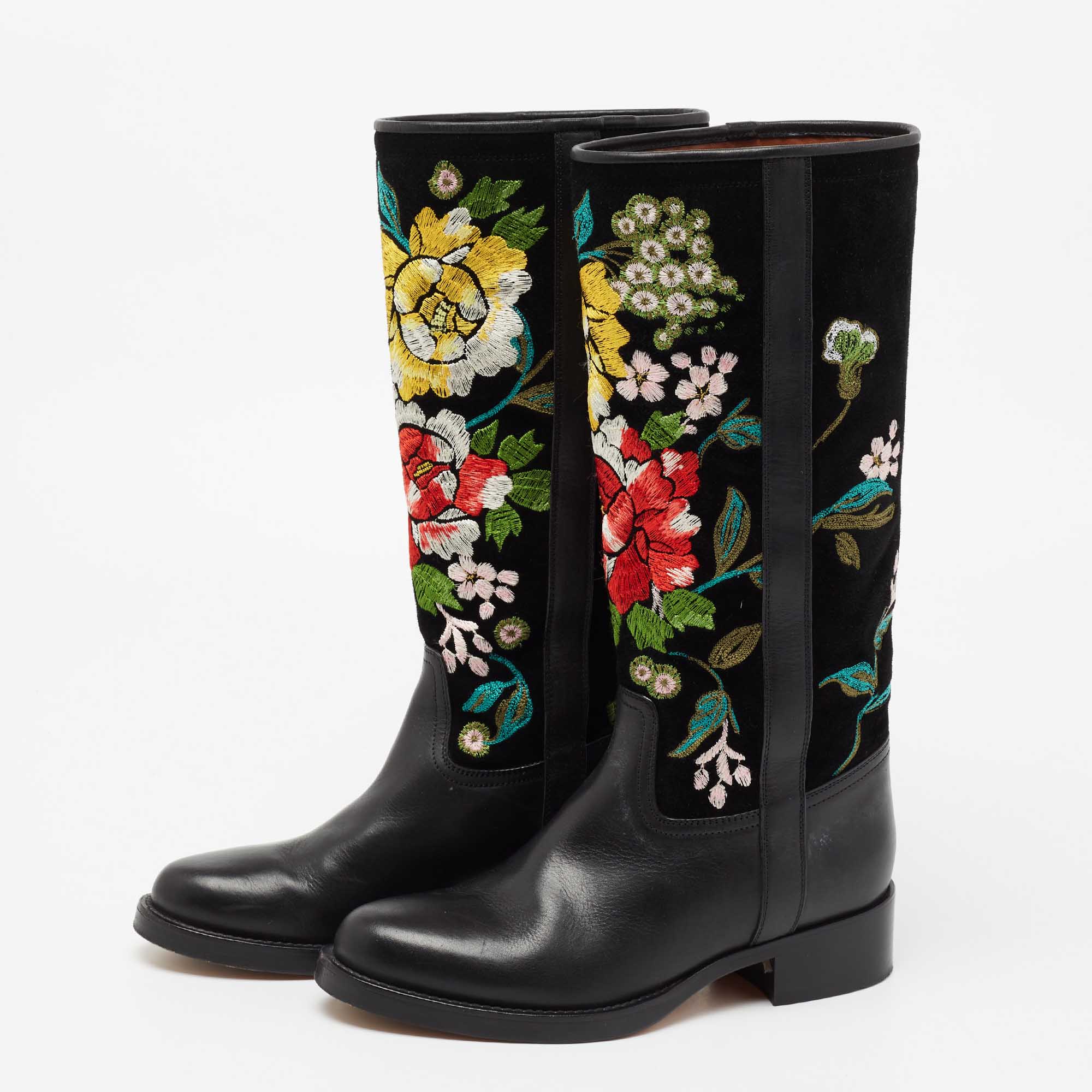 

Etro Black Leather And Suede Embroidered Knee Length Boots Size